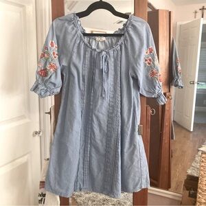 Blue Tunic Dress with Floral Embroidery